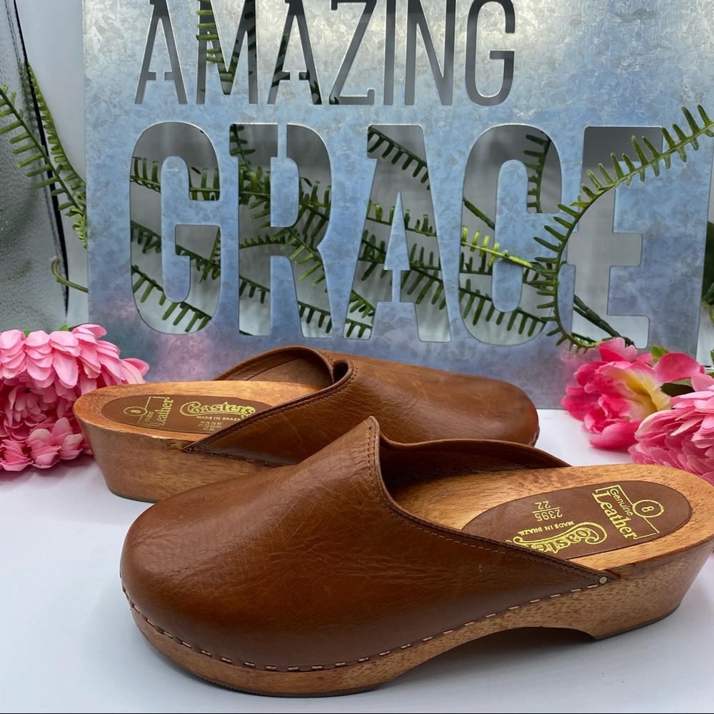 Coasters 8 Brown Leather Clog Chunky Heel Brazil Wooden Heel